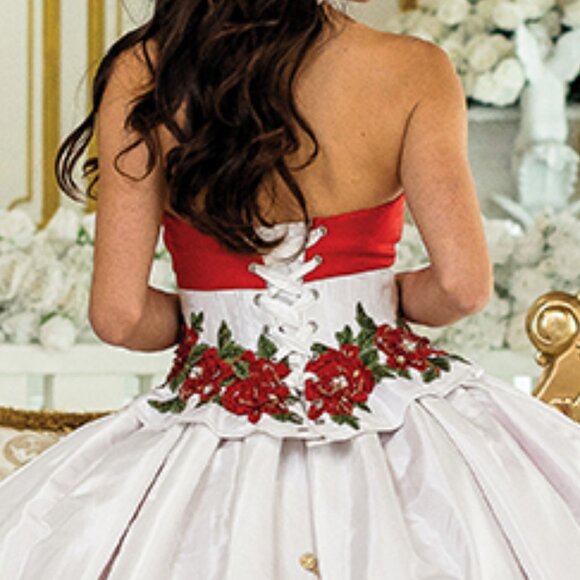 New Strapless Floral Lace Embellished Quinceanera Gown w/ Lace Up Back DQ 1934 - Picture 7 of 8